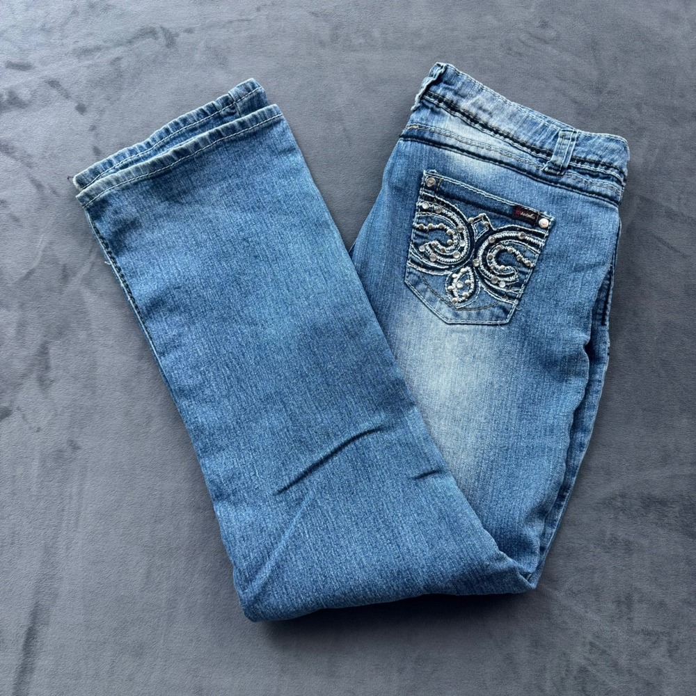 Angels Womens Size 12 Embellished Pocket Straight Leg Jeans Blue Rhinestone Stud